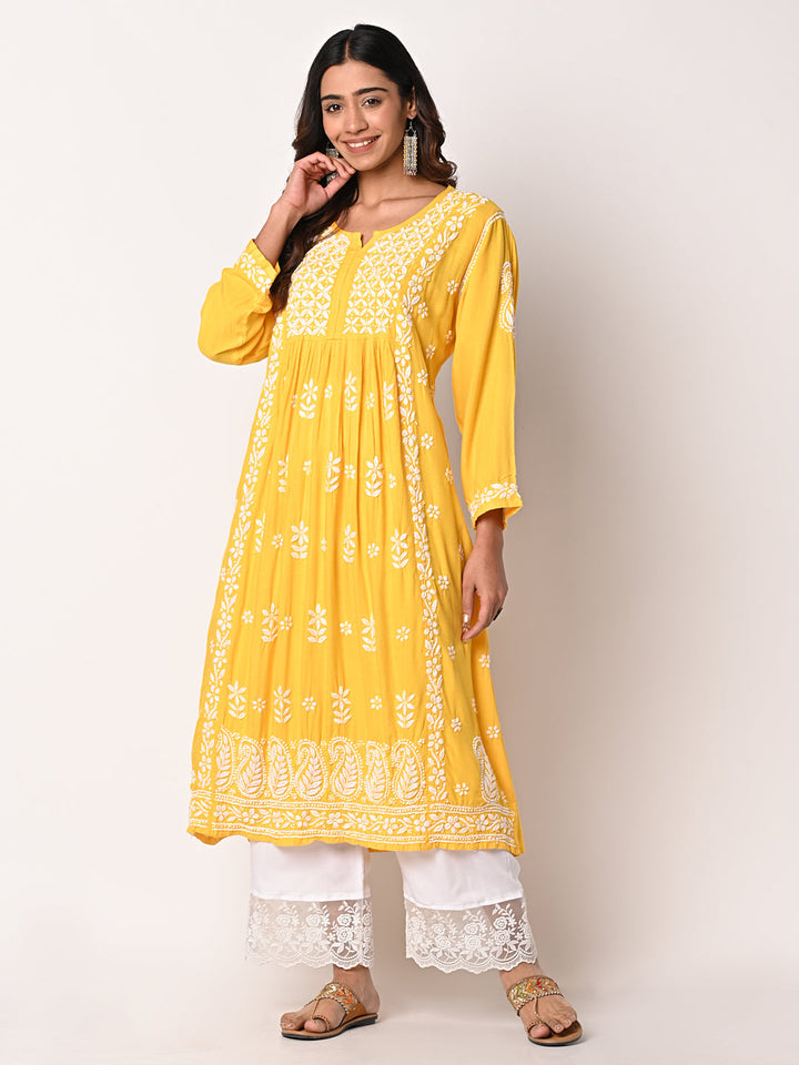 anokherang Combos Yellow Anarkali Chikankari Kurti