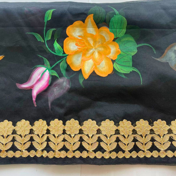 anokherang Dupattas Black Floral Hand Painted Organza Gotta Embroidered Dupatta