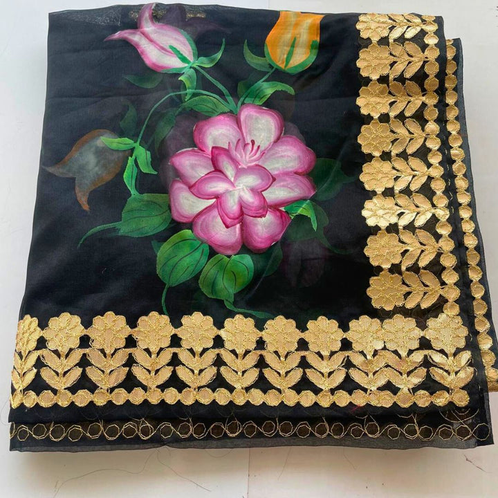 anokherang Dupattas Black Floral Hand Painted Organza Gotta Embroidered Dupatta