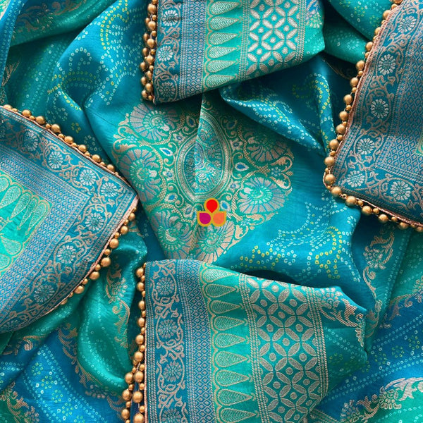 anokherang Dupattas Blue and Green Multicolor Banarasi Bandhej Dupatta