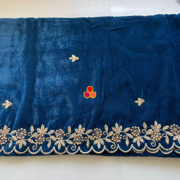 anokherang Dupattas Blue Pearl Zari Embroidered Soft Velvet Scalloped Dupatta