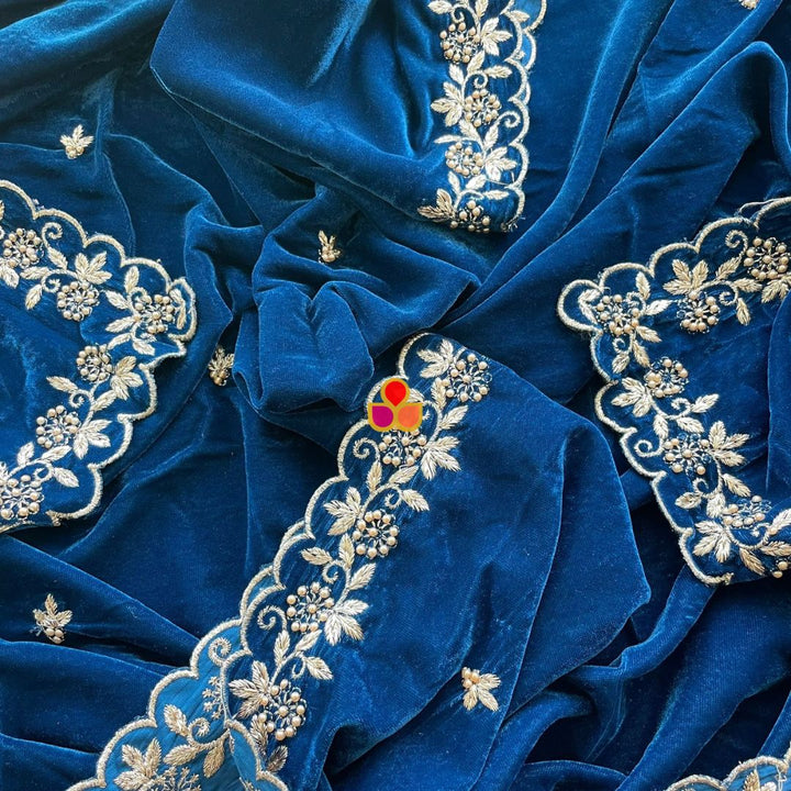 anokherang Dupattas Blue Pearl Zari Embroidered Soft Velvet Scalloped Dupatta