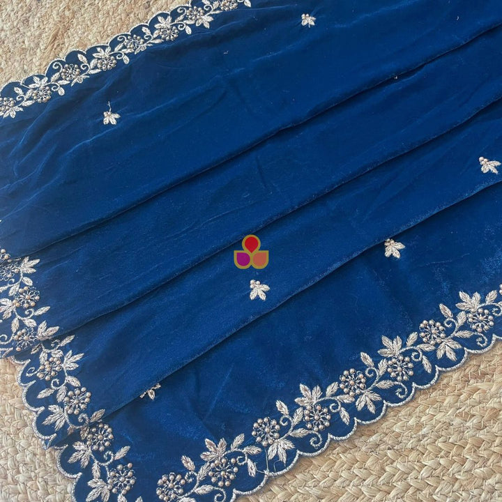 anokherang Dupattas Blue Pearl Zari Embroidered Soft Velvet Scalloped Dupatta