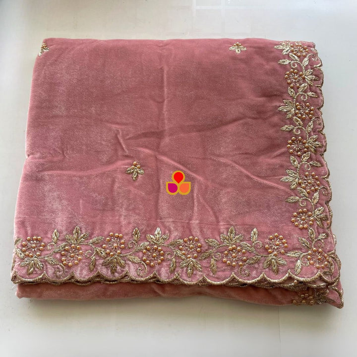 anokherang Dupattas Blush Pink Pearl Zari Embroidered Soft Velvet Scalloped Dupatta