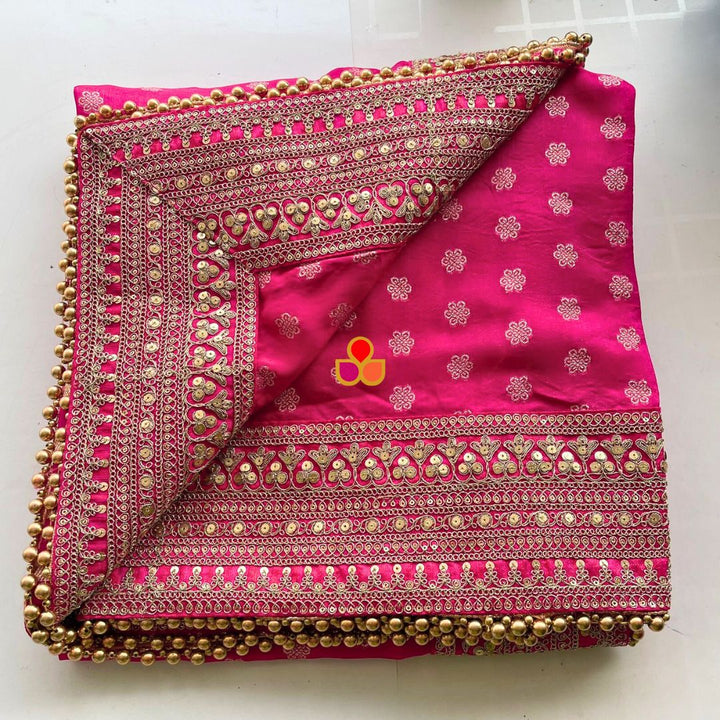 anokherang Dupattas Bridal Ada Pink Floral Embroidered Silk Dupatta