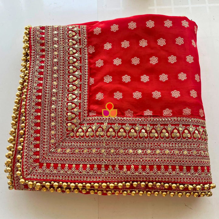 anokherang Dupattas Bridal Ada Red Floral Embroidered Silk Dupatta