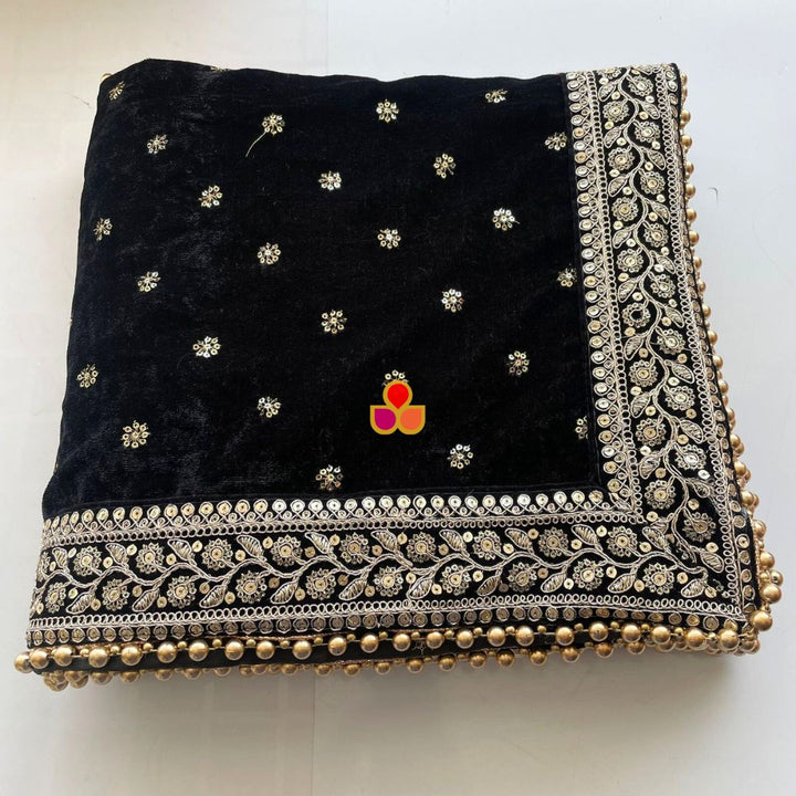 anokherang Dupattas Bridal Afsana Black Embroidered Sequin Velvet Dupatta