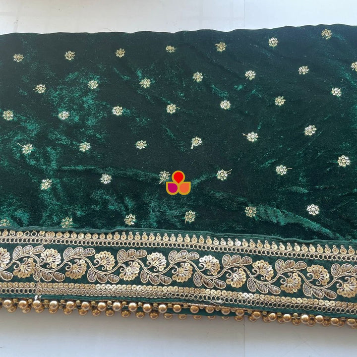 anokherang Dupattas Bridal Afsana Green Embroidered Sequin Velvet Dupatta