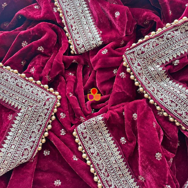 anokherang Dupattas Bridal Afsana Maroon Embroidered Sequin Velvet Dupatta