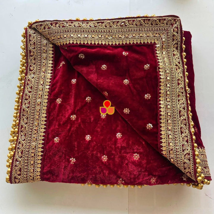 anokherang Dupattas Bridal Afsana Maroon Embroidered Sequin Velvet Dupatta