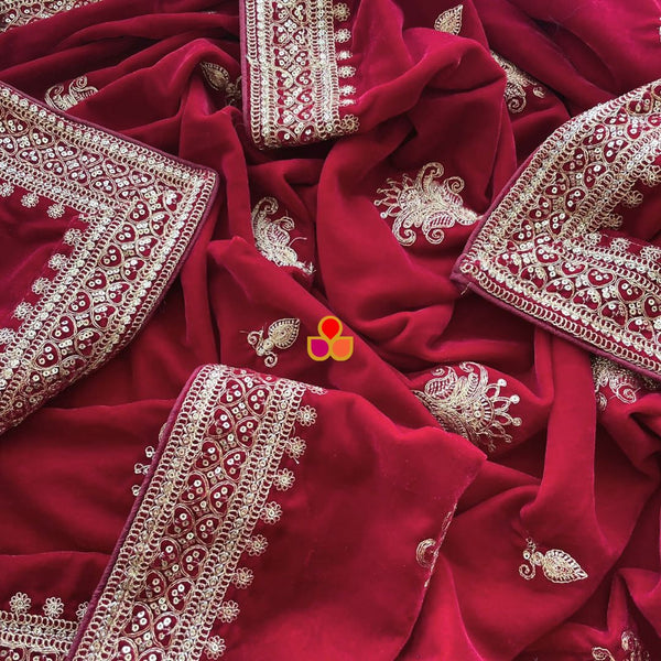 anokherang Dupattas Bridal Afsana Maroon Zari Embroidered Velvet Dupatta