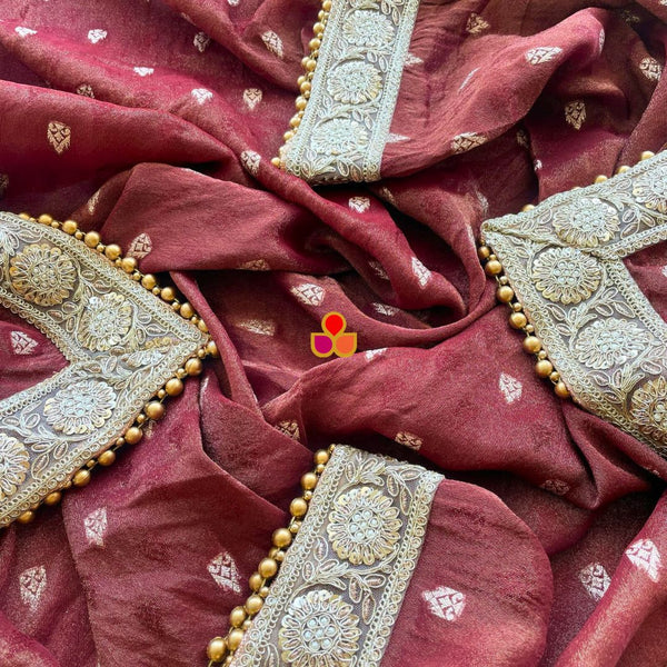 anokherang Dupattas Bridal Deep Maroon Gold Banarasi Silk Beaded Dupatta