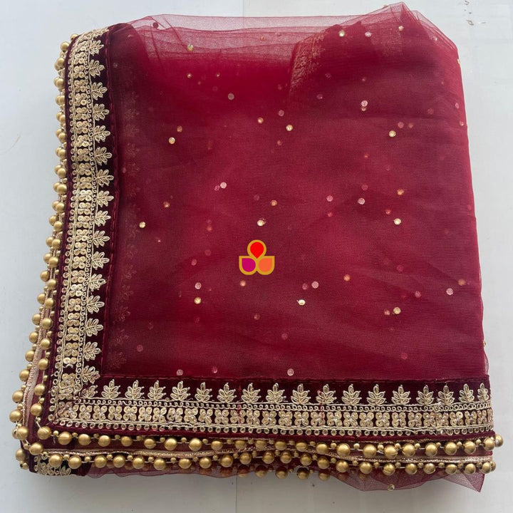 anokherang Dupattas Bridal Elegant Maroon Embroidered Stone Net Dupatta