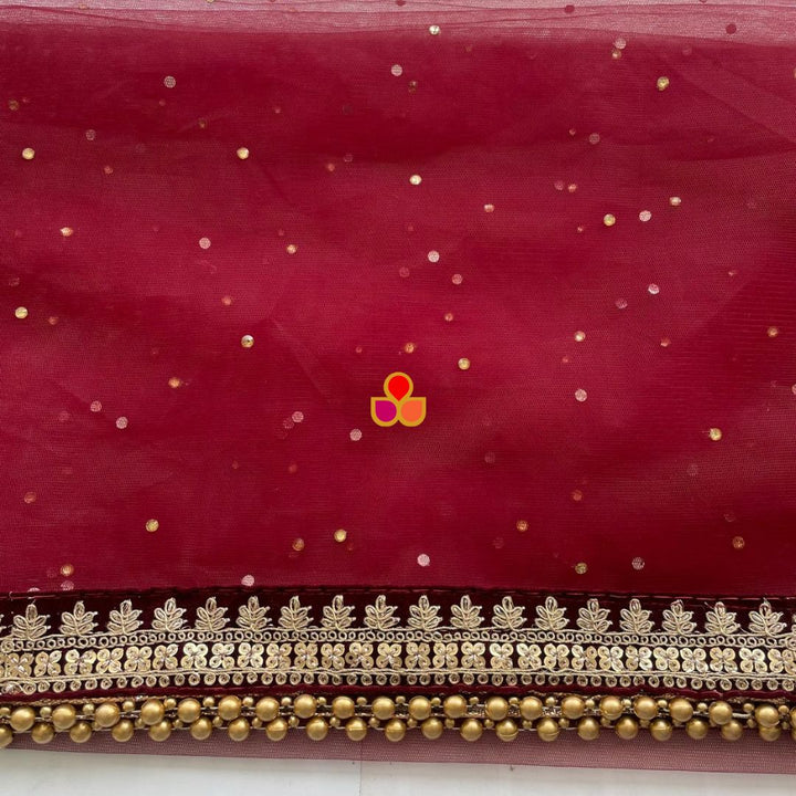 anokherang Dupattas Bridal Elegant Maroon Embroidered Stone Net Dupatta