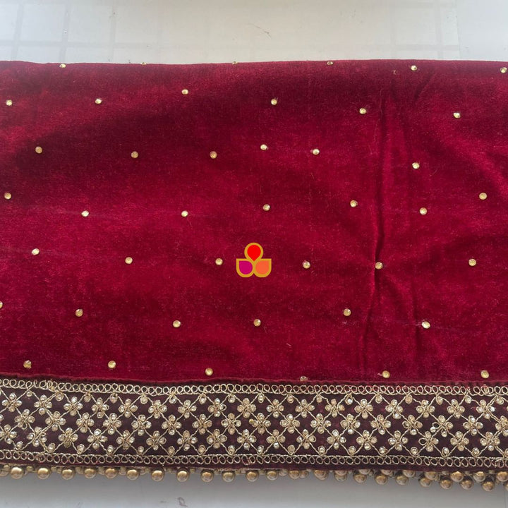 anokherang Dupattas Bridal Firdaus Maroon Embroidered Stone Velvet Dupatta