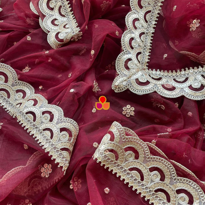 anokherang Dupattas Bridal Glam Maroon Sequin Scalloped Net Dupatta