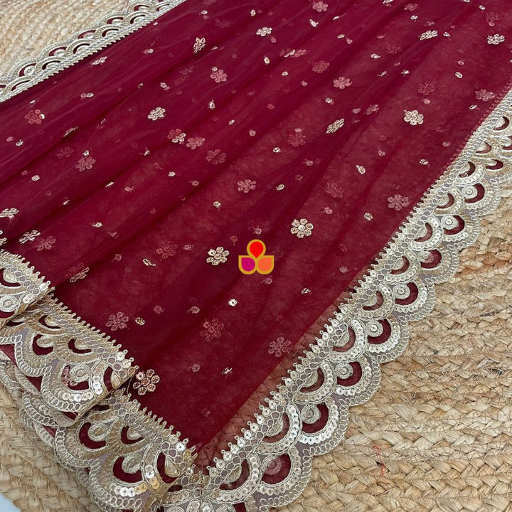 anokherang Dupattas Bridal Glam Maroon Sequin Scalloped Net Dupatta