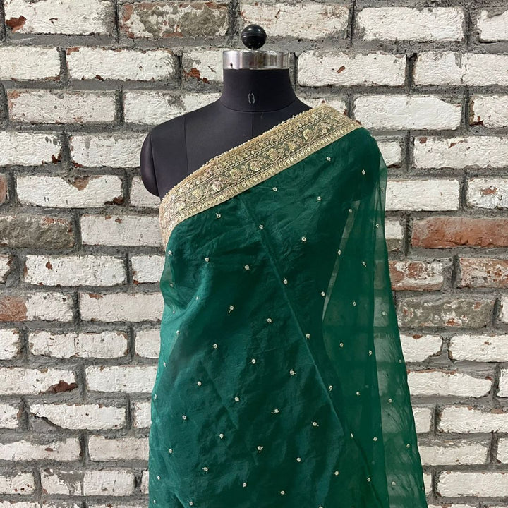 anokherang Dupattas Bridal Glowing Green Sequin Organza Embroidered Dupatta