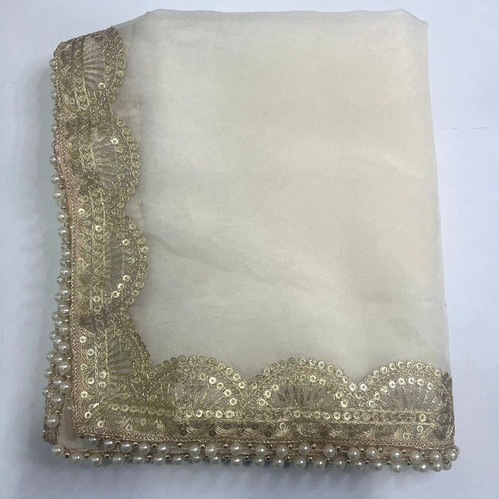 anokherang Dupattas Bridal Ivory Mahira Silver Sequin Pearl Organza Scalloped Dupatta