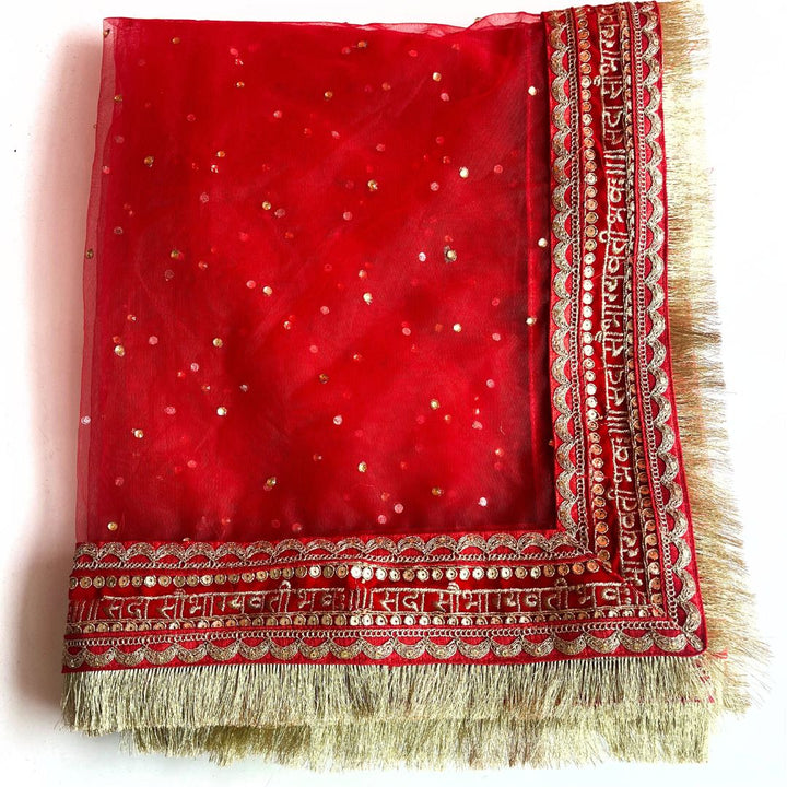 anokherang Dupattas Bridal Love Red Stone Saubhaugyavati Fringed Net Dupatta