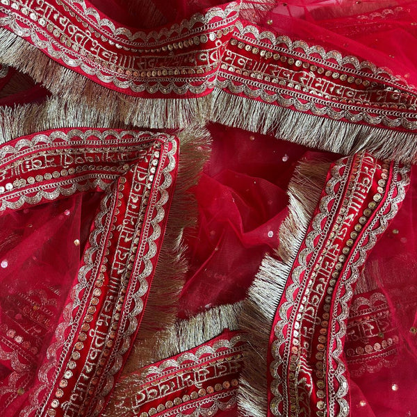 anokherang Dupattas Bridal Love Red Stone Saubhaugyavati Fringed Net Dupatta