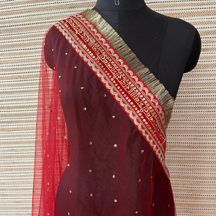 anokherang Dupattas Bridal Love Red Stone Saubhaugyavati Fringed Net Dupatta