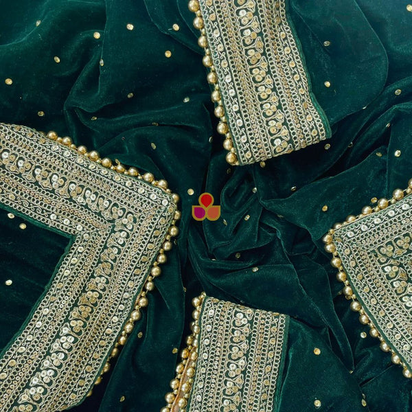 anokherang Dupattas Bridal Maharani Green Stone Zari Embroidered Velvet Dupatta