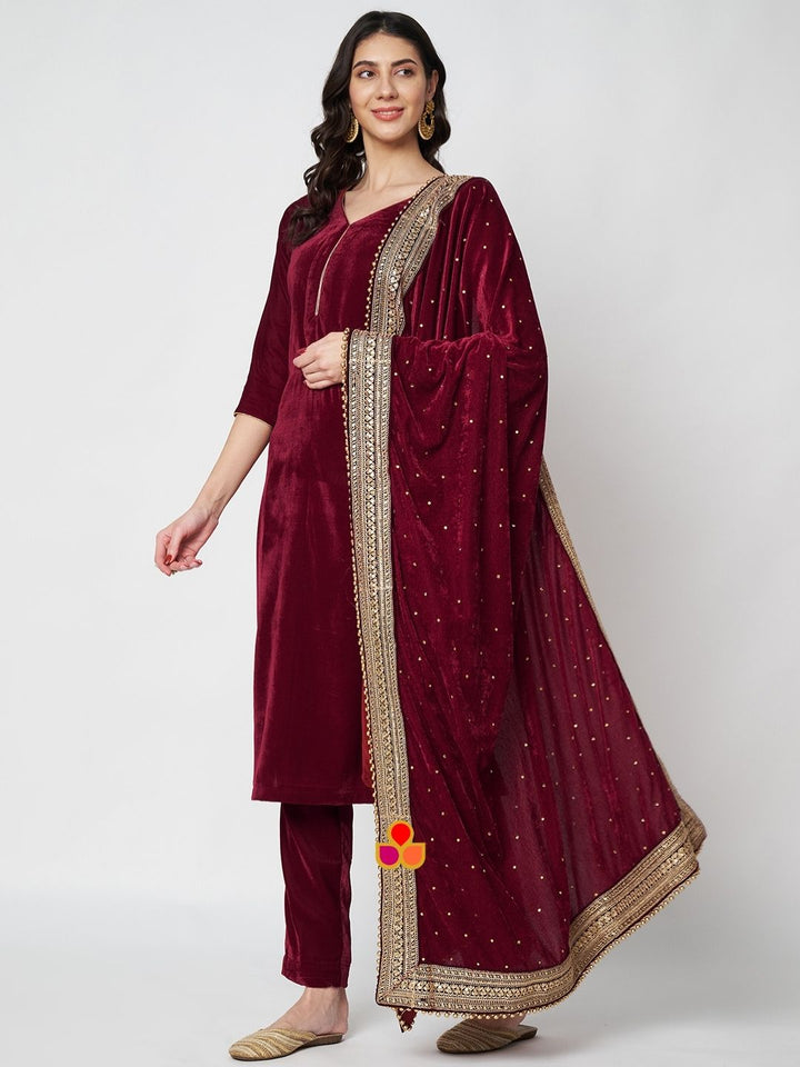 anokherang Dupattas Bridal Maharani Maroon Stone Zari Embroidered Velvet Dupatta