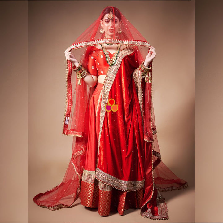 anokherang Dupattas Bridal Maharani Red Stone Embroidered Velvet & Bridal Red Trail Net Stone Dupatta Combo