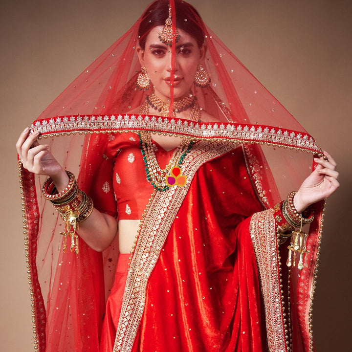 anokherang Dupattas Bridal Maharani Red Stone Embroidered Velvet & Bridal Red Trail Net Stone Dupatta Combo