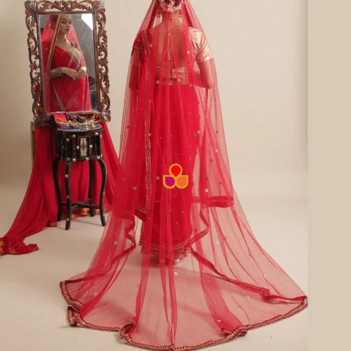 anokherang Dupattas Bridal Maharani Red Stone Embroidered Velvet & Bridal Red Trail Net Stone Dupatta Combo