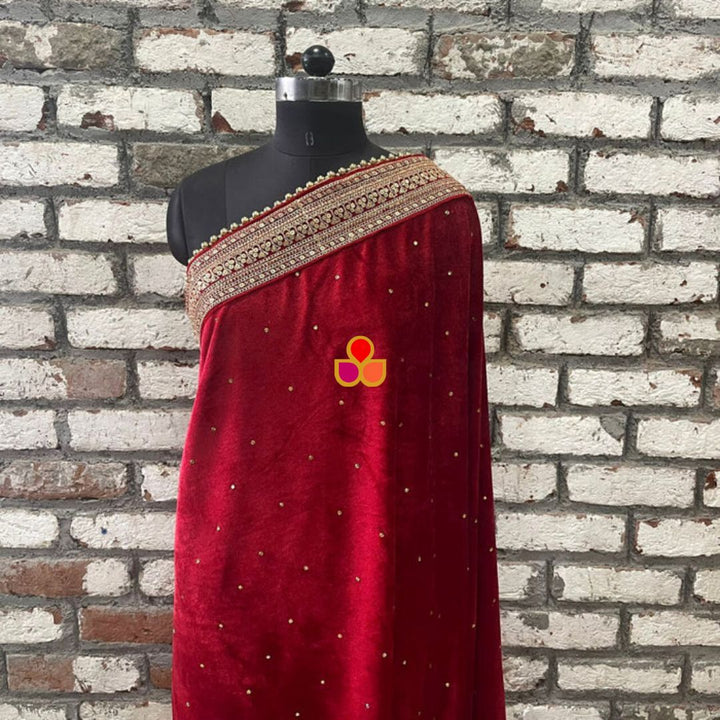 anokherang Dupattas Bridal Maharani Red Stone Embroidered Velvet & Bridal Red Trail Net Stone Dupatta Combo