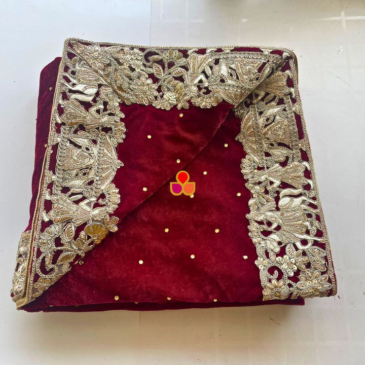 anokherang Dupattas Bridal Mahnoor Maroon Zari Embroidered Velvet Dupatta