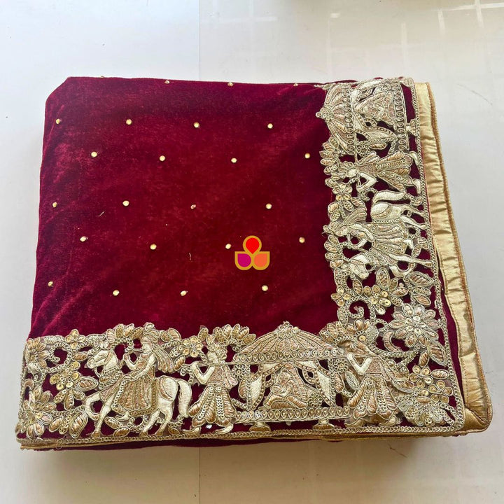 anokherang Dupattas Bridal Mahnoor Maroon Zari Embroidered Velvet Dupatta