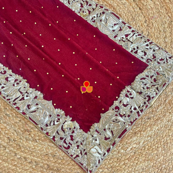 anokherang Dupattas Bridal Mahnoor Maroon Zari Embroidered Velvet Dupatta