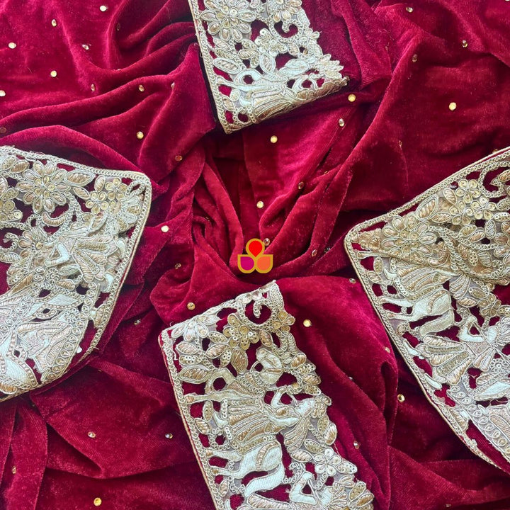 anokherang Dupattas Bridal Mahnoor Maroon Zari Embroidered Velvet Dupatta