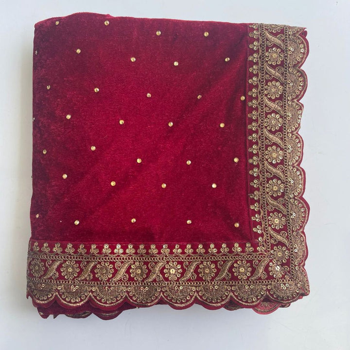 anokherang Dupattas Bridal Majestic Maroon Stone Zari Embroidered Velvet Scalloped Dupatta