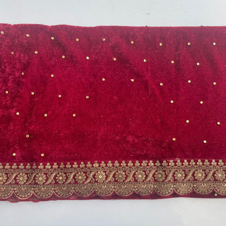 anokherang Dupattas Bridal Majestic Maroon Stone Zari Embroidered Velvet Scalloped Dupatta