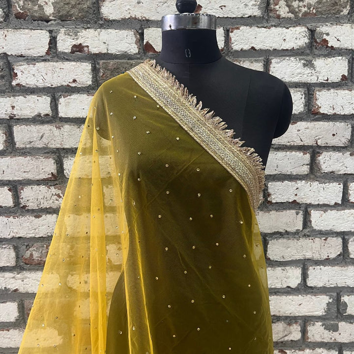 anokherang Dupattas Bridal Mangal Mustard Fringed Net Dupatta