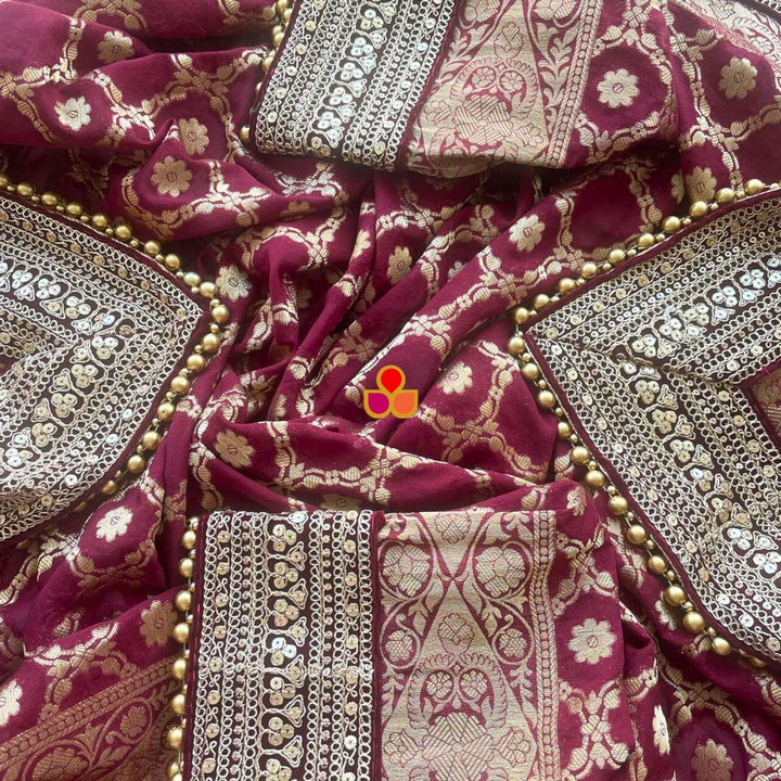 anokherang Dupattas Bridal Meera Maroon Georgette Banarsi Embroidered Dupatta