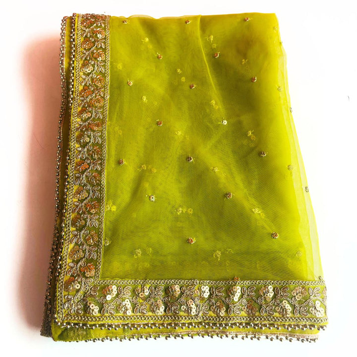 anokherang Dupattas Bridal Mehendi Green Glorious Sequins Embroidered Net Dupatta