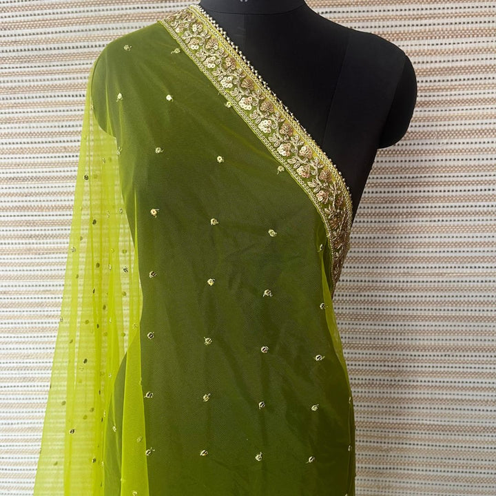 anokherang Dupattas Bridal Mehendi Green Glorious Sequins Embroidered Net Dupatta