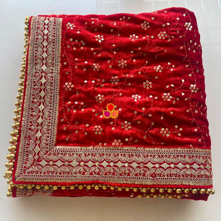 anokherang Dupattas Bridal Meher Red Embroidered Sequin Velvet Dupatta