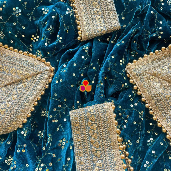 anokherang Dupattas Bridal Meher Turquoise Blue Embroidered Sequin Velvet Dupatta