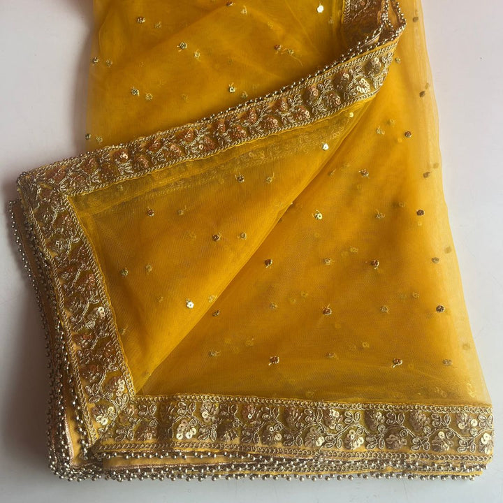 anokherang Dupattas Bridal Mustard Glorious Sequins Embroidered Net Dupatta