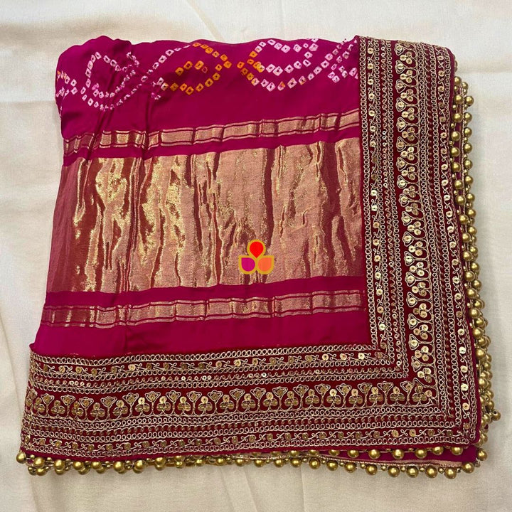 anokherang Dupattas Bridal Mustard & Pink Rangrez Royal Bandhani Silk Dupatta