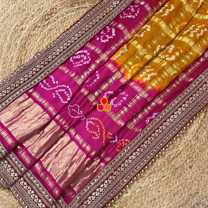 anokherang Dupattas Bridal Mustard & Pink Rangrez Royal Bandhani Silk Dupatta