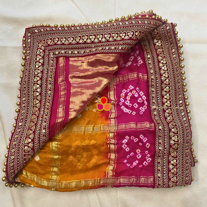 anokherang Dupattas Bridal Mustard & Pink Rangrez Royal Bandhani Silk Dupatta