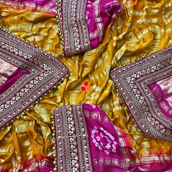 anokherang Dupattas Bridal Mustard & Pink Rangrez Royal Bandhani Silk Dupatta