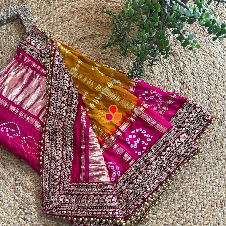 anokherang Dupattas Bridal Mustard & Pink Rangrez Royal Bandhani Silk Dupatta